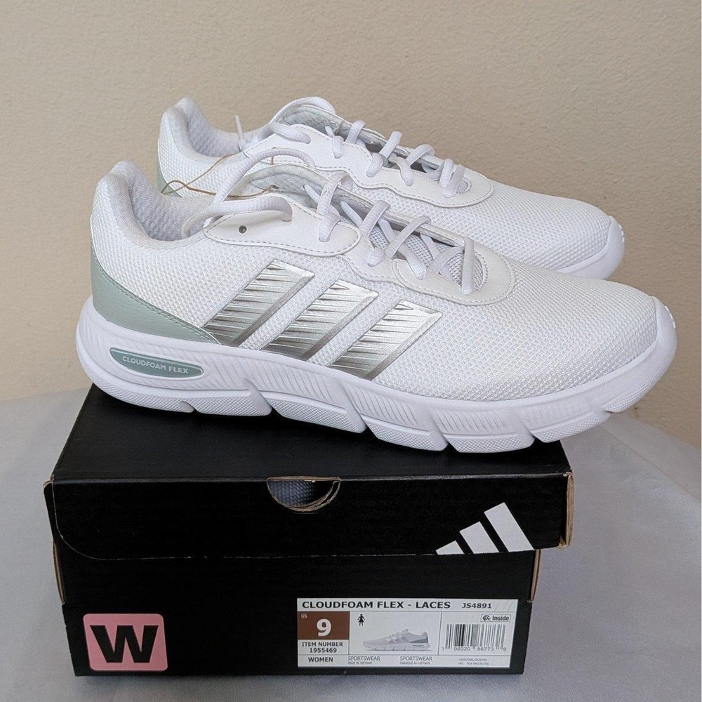 New Adidas Women's Cloudfoam Flex Sneaker Shoes Wide Fit White Gray 9